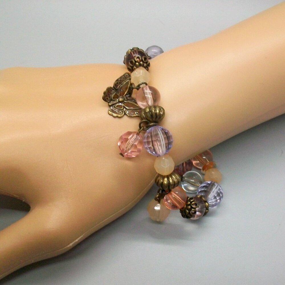 Hand Crafted Pastel Beads Stretch Bracelet with Enamel Butterfly Charm 8"-9"